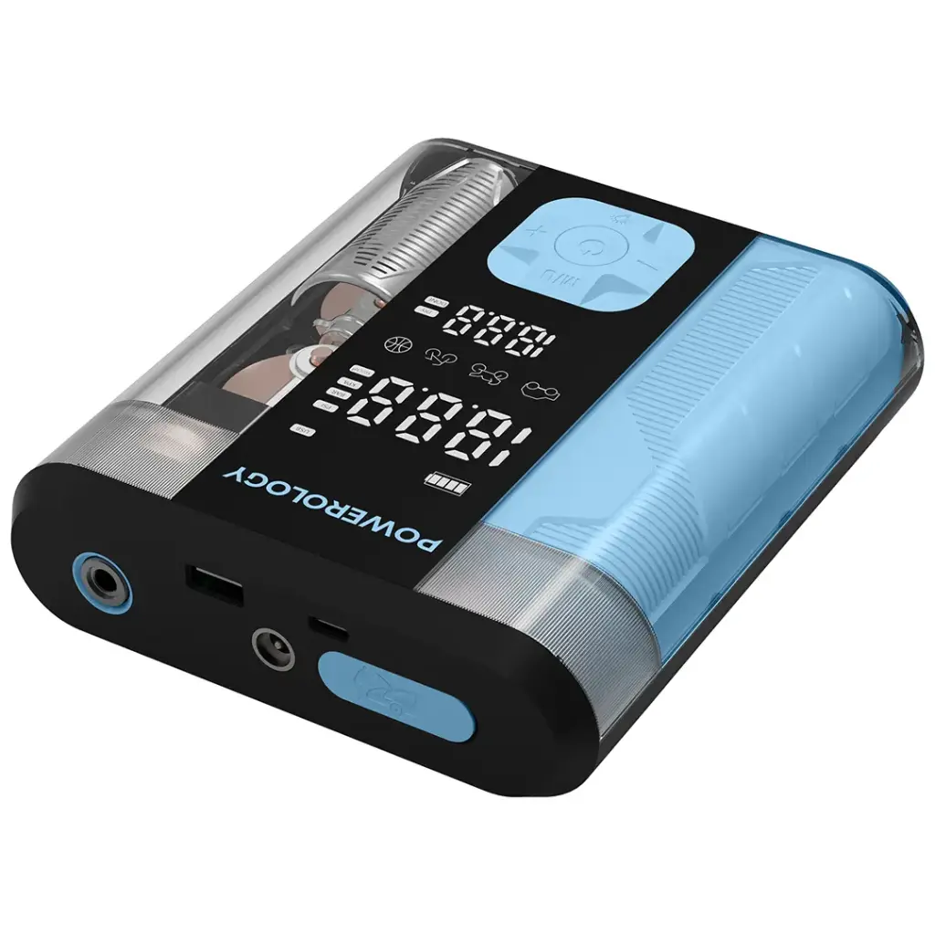 Powerology 3-in-1 jump starter and tire inflator in black and blue with cables and digital display visible.