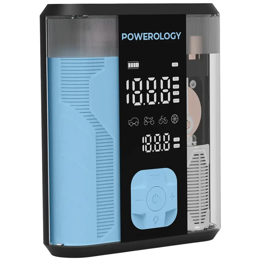 Powerology 3-in-1 jump starter and tire inflator in black and blue, featuring cables and digital display for vehicle emergency use.