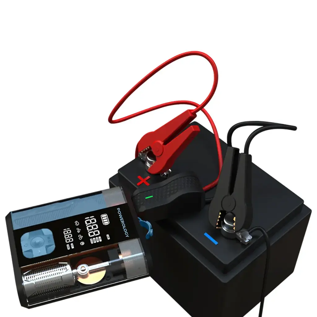 Powerology 3-in-1 jump starter and tire inflator in black and blue, showing compact device with cables and digital display.
