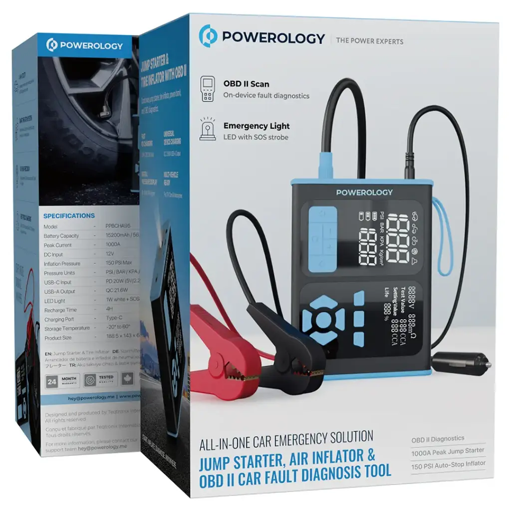 Powerology Jump Starter, Air Inflator & OBD II Car Fault Diagnosis Tool - Black/Blue