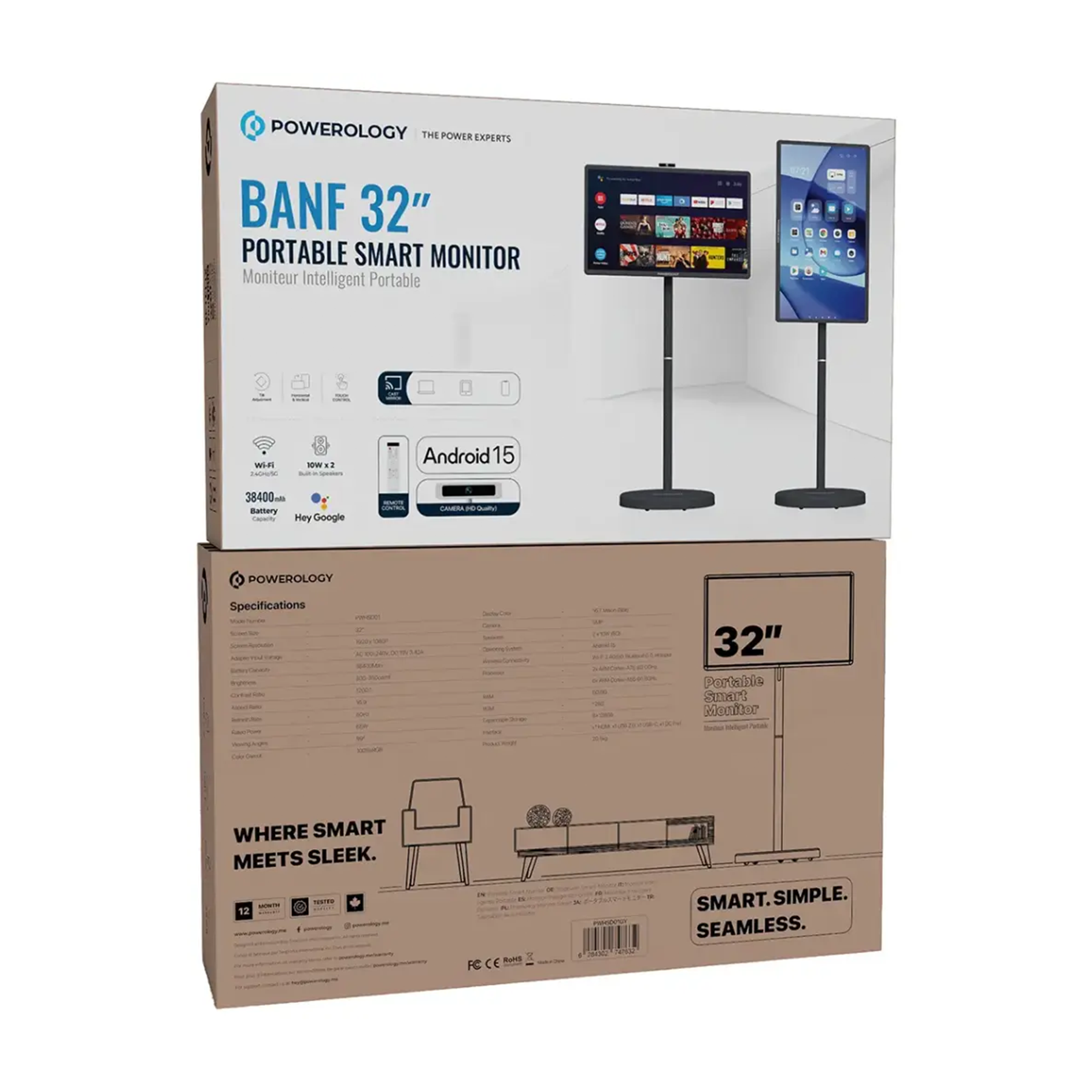 Powerology Banf 32" portable smart monitor with touch control, built-in camera, 38400mAh battery, gray.