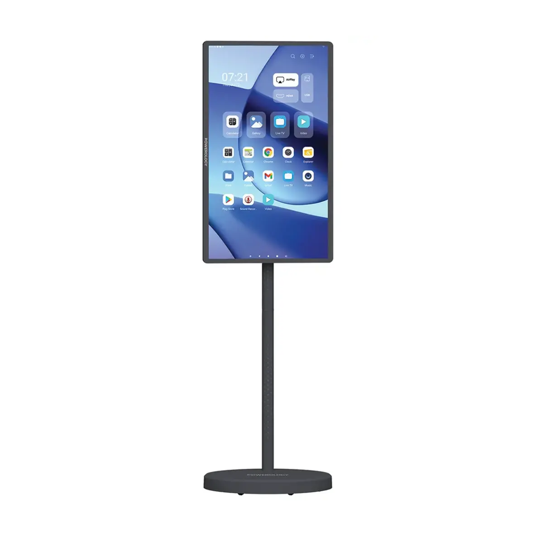 Powerology Banf 32-inch portable smart monitor with touch control, 38400mAh battery, built-in camera, and Android in gray.