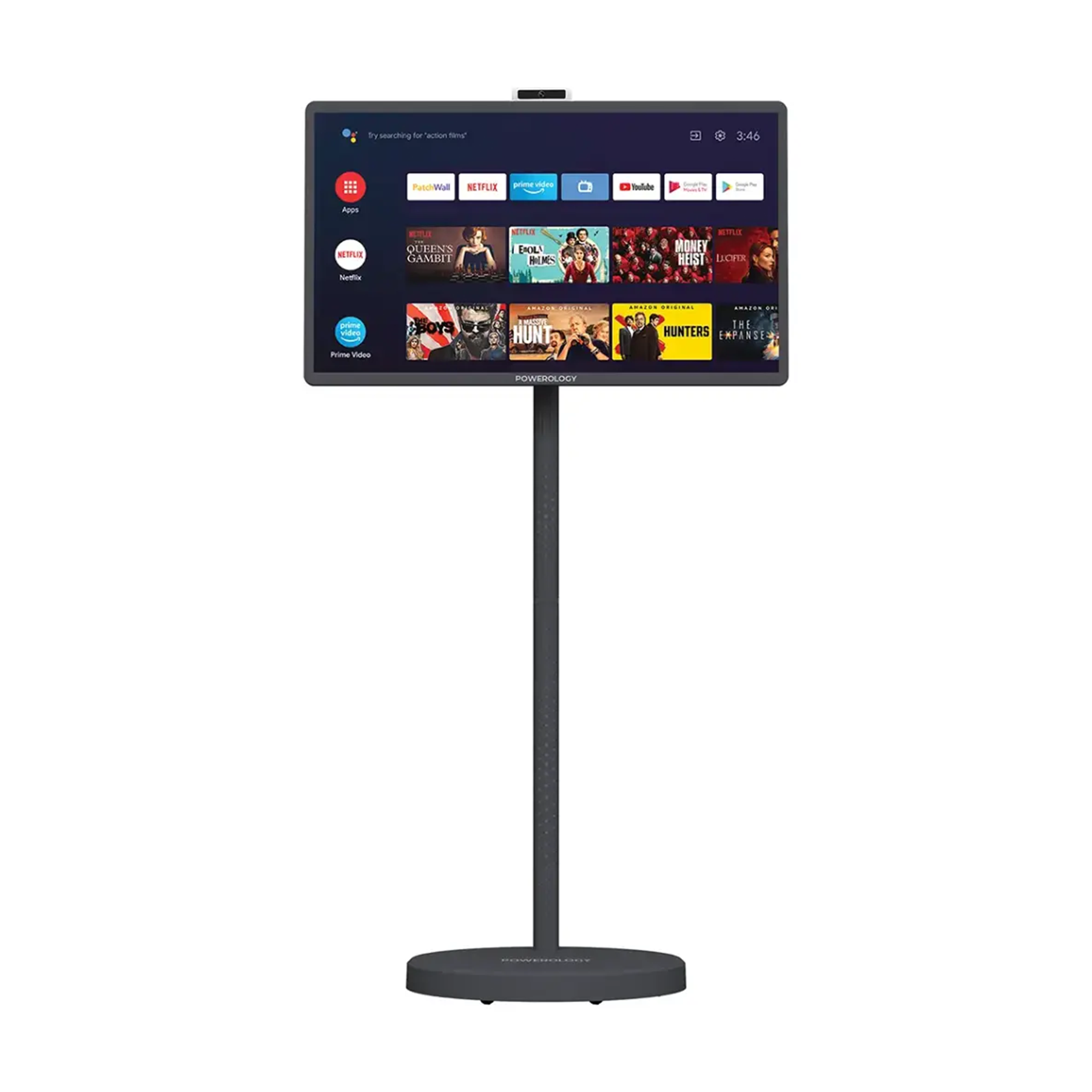 Powerology Banf 32-inch portable smart monitor with touch control, built-in camera, Android, and 38400mAh battery in gray.