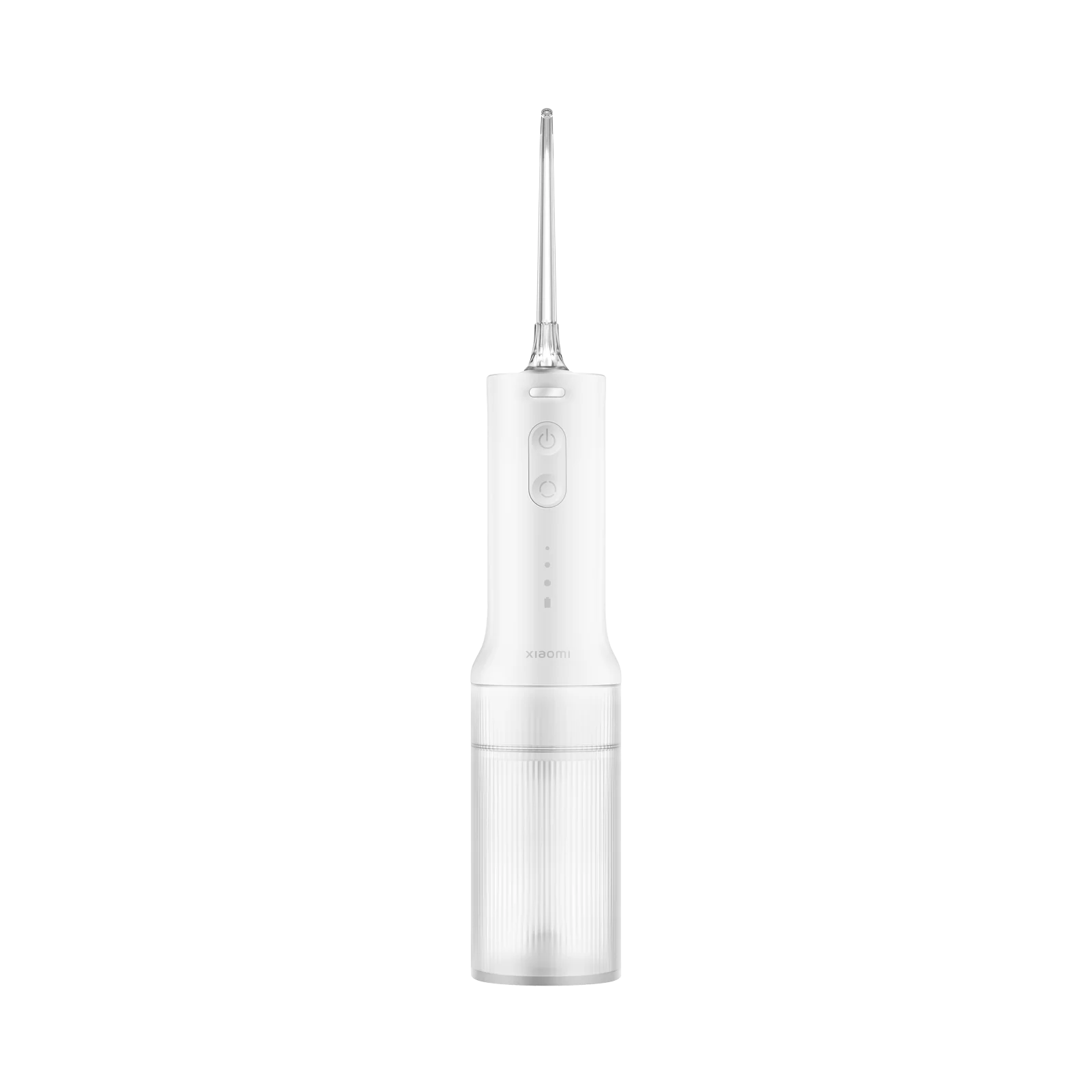 Xiaomi Water Flosser 2 in white with adjustable water pressure, handheld device for effective oral hygiene, displaying tip and water tank