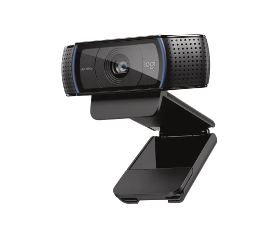 Logitech C920 PRO HD webcam in black showing the front view with lens and built-in microphone for full HD video calls.