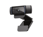 Logitech C920 PRO HD webcam in black showing front view with lens and built-in microphone for high-quality video calls