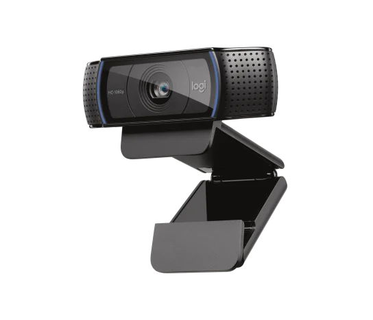 Logitech C920 PRO HD webcam in black showing front view with lens and built-in microphone for high-quality video calls