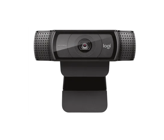 Logitech C920 PRO HD webcam showing black body and lens, capturing Full HD 1080p video with built-in microphone.