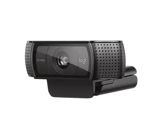 Logitech C920 PRO HD webcam showing a sleek black design with a built-in microphone and full HD 1080p video quality.