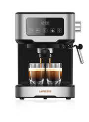 LePresso Dual Drip Barista digital espresso machine with 15 bar pressure pump and capsule filter for brewing coffee.