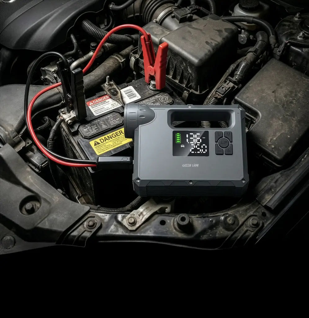 Green Lion JX-84 12V jump starter with 16000mAh capacity for 4L gas and 3L diesel engines, shown in grey.