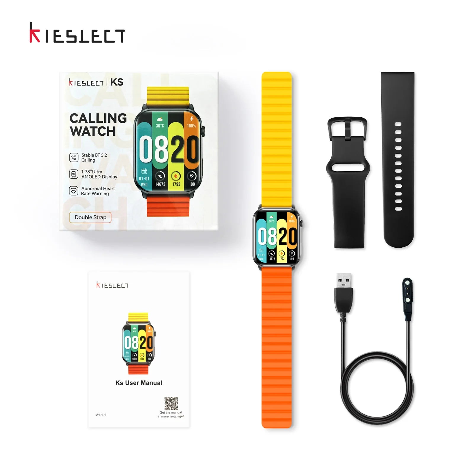 Kieslect Calling Watch Ks 1.78” AMOLED Display, Always-on-Display, IP68 Waterproof, 100 Sports Modes