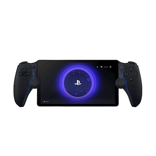 PlayStation Portal remote player in midnight black and white, showcasing its sleek design and portable gaming features.