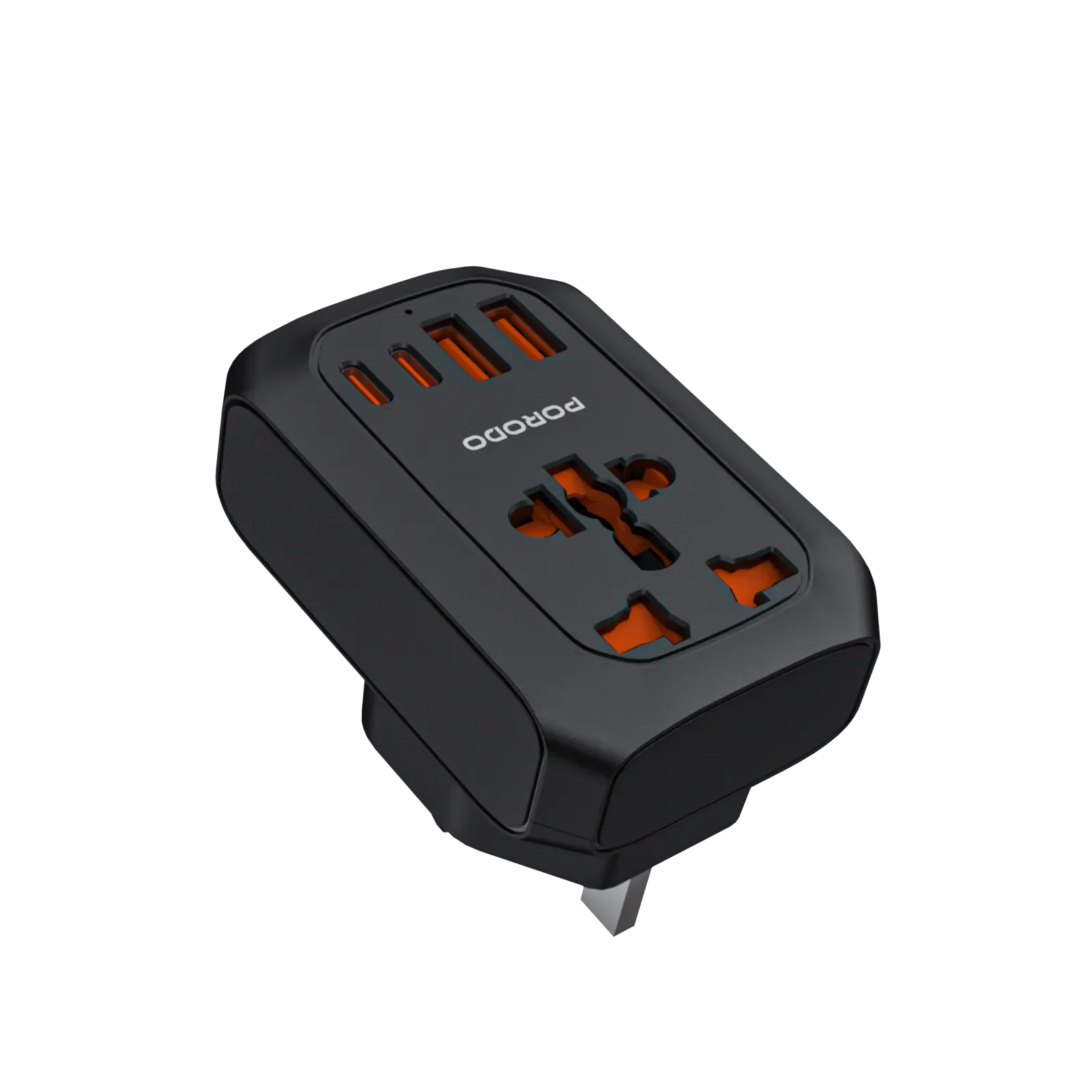 Porodo 2500W EU pin travel adapter in black, showcasing compact design and multiple socket compatibility.