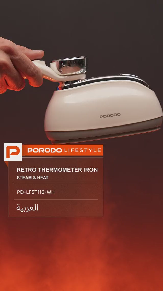 Load video: Porodo Lifestyle 1200W Vertical &amp; Horizontal Steam Iron with 180° Rotatable Transparent 160ML Water Tank