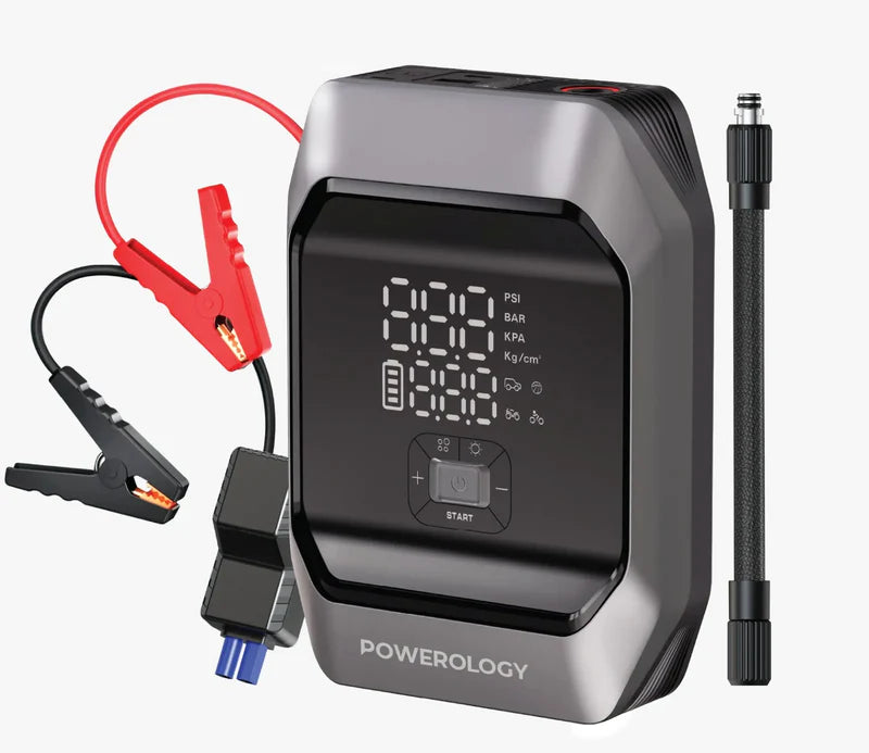 Powerology Inflateboost 10000mAh 4-in-1 Jump Starter with Touch Buttons - 10000mAh 4-in-1 Car Battery Jump Starter with Powerology Tire Inflator