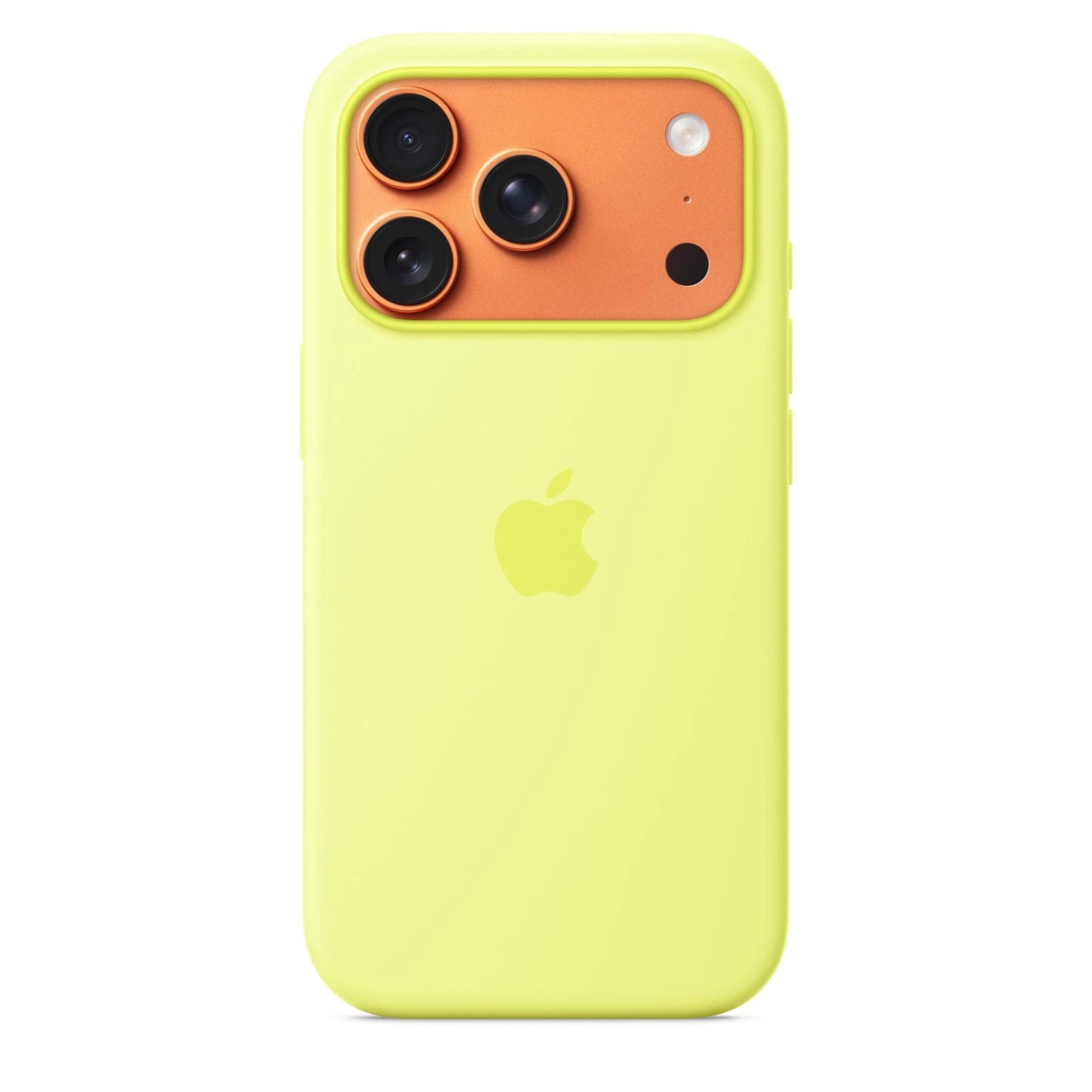 Apple iPhone 17 Pro silicone case in vibrant neon yellow with a smooth, flexible texture and precise cutouts.