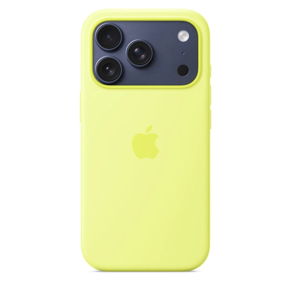 Apple iPhone 17 Pro silicone case in vibrant neon yellow, shown on the device with a sleek, smooth texture.