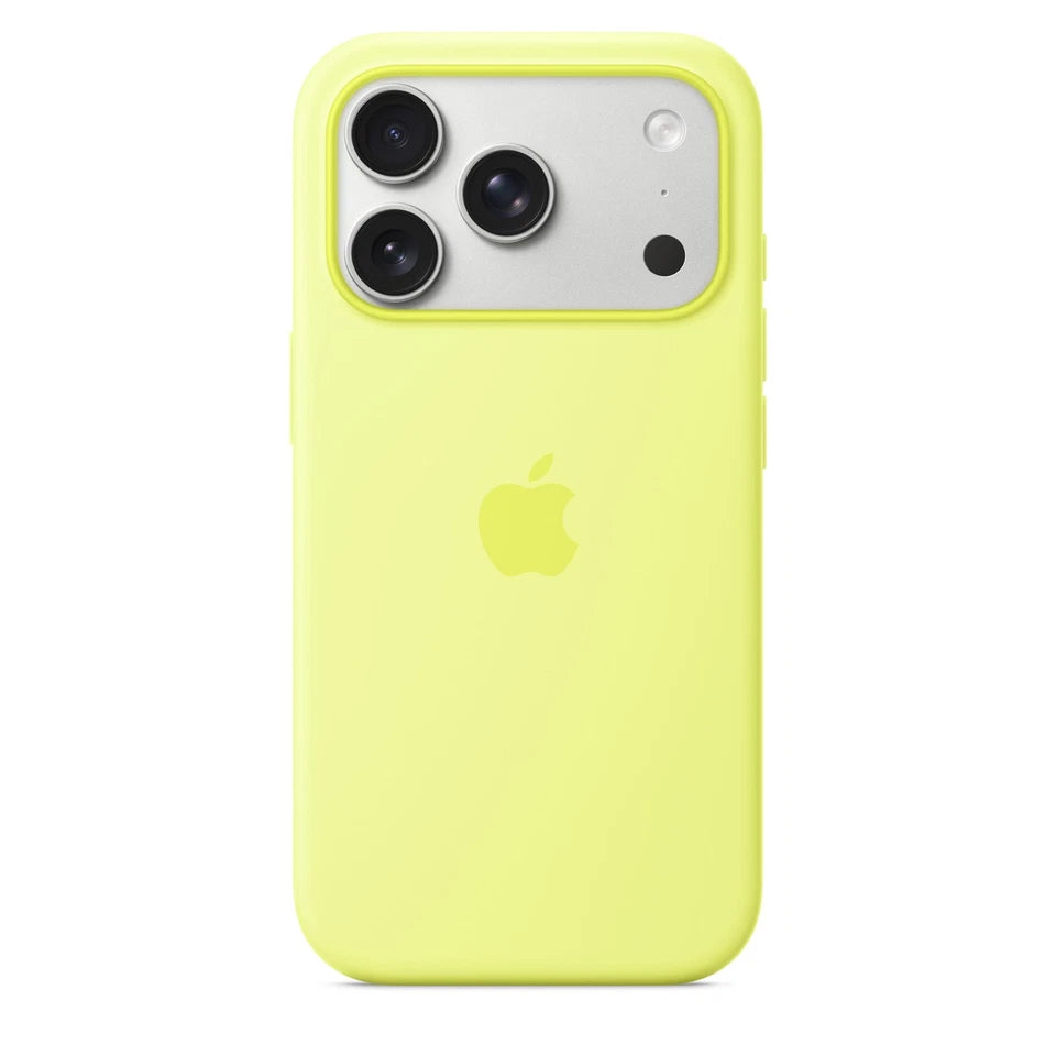Apple iPhone 17 Pro silicone case in vibrant neon yellow, designed for protection and style.