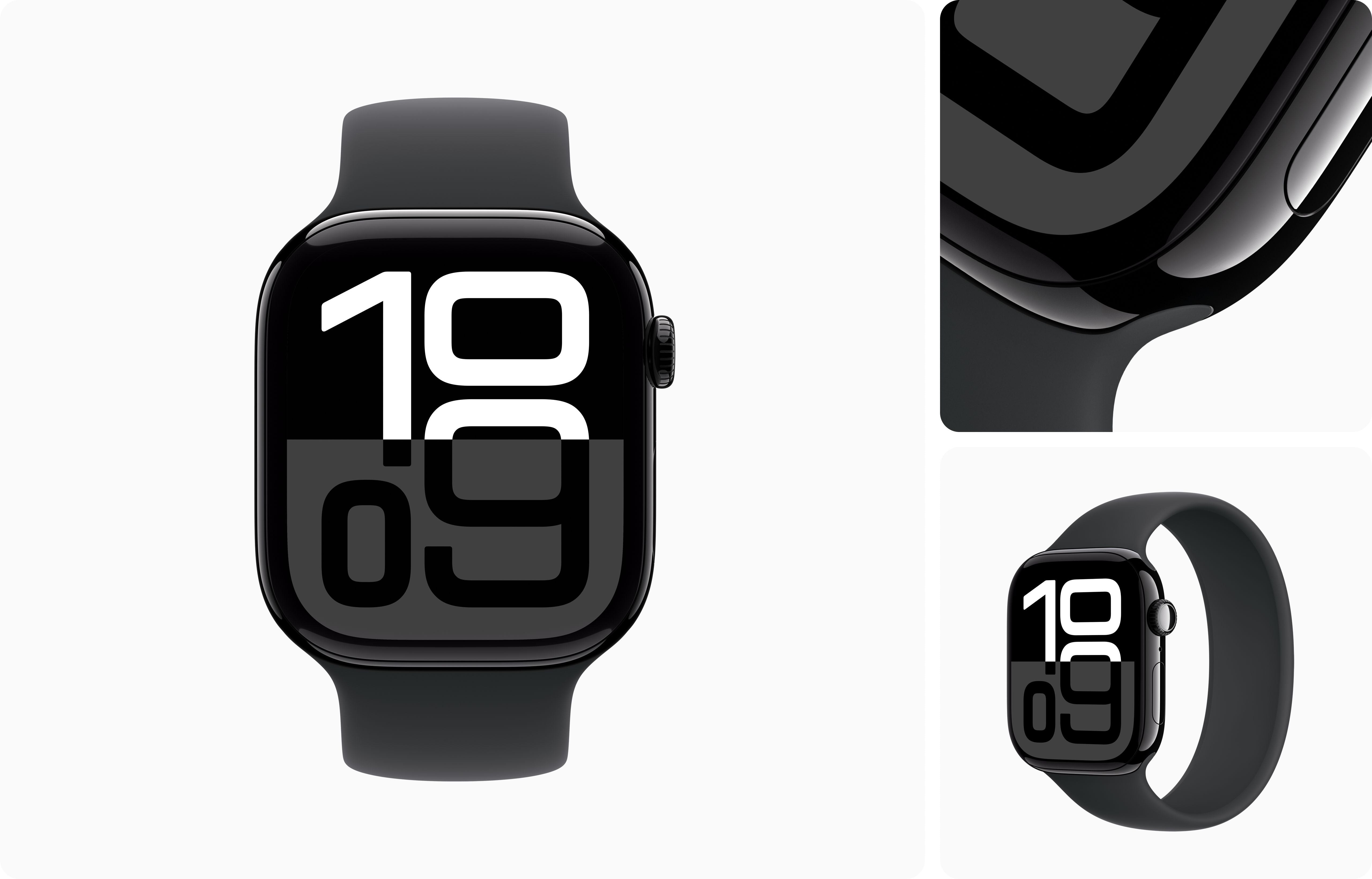 Apple Watch Series 10 with jet black aluminum case, display on and showing the Always-On Retina screen, sleek and modern design.