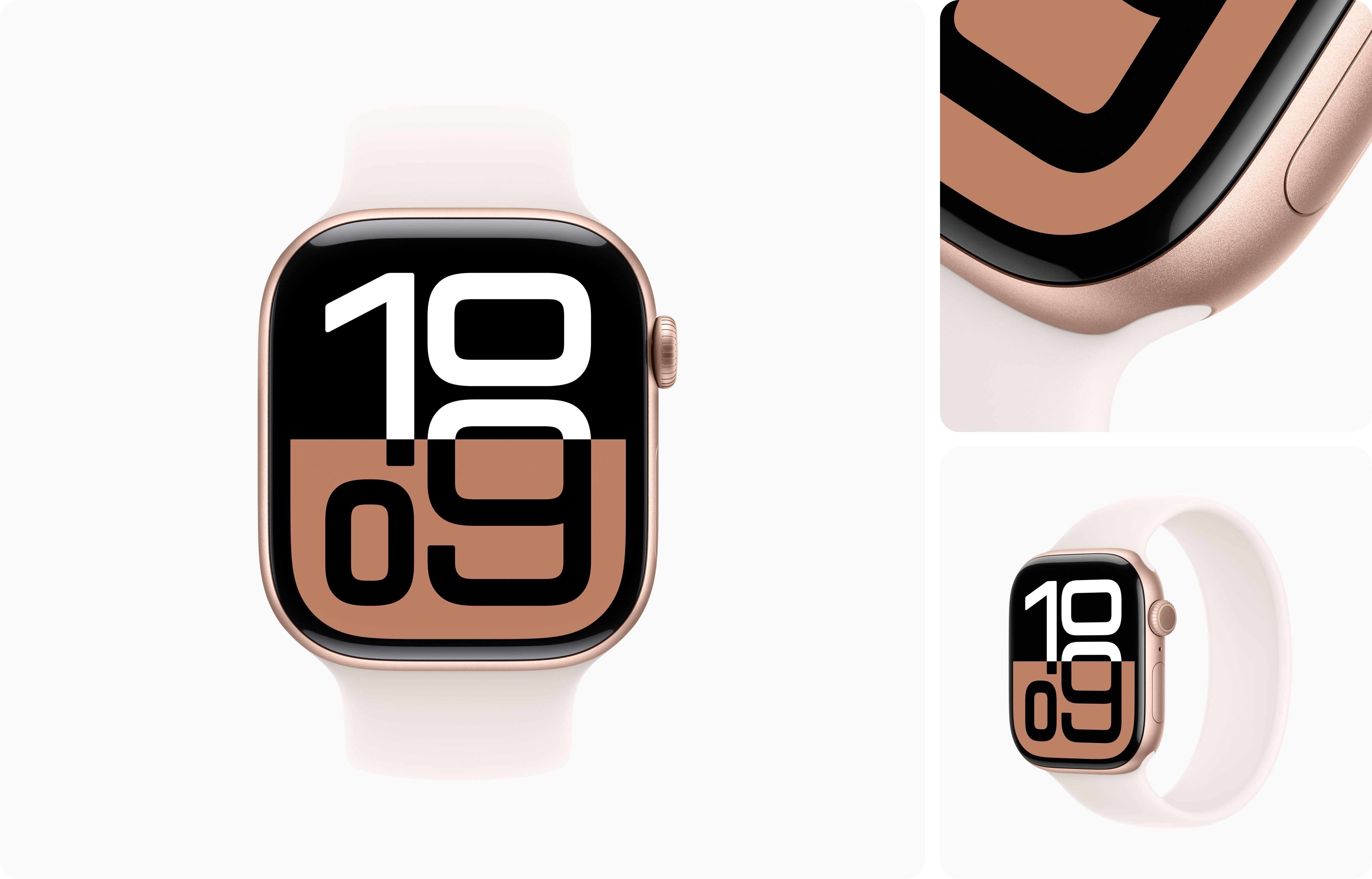 Apple Watch Series 10 with rose gold aluminum case and Always-On Retina LTPO3 display, featuring S10 dual-core processor.