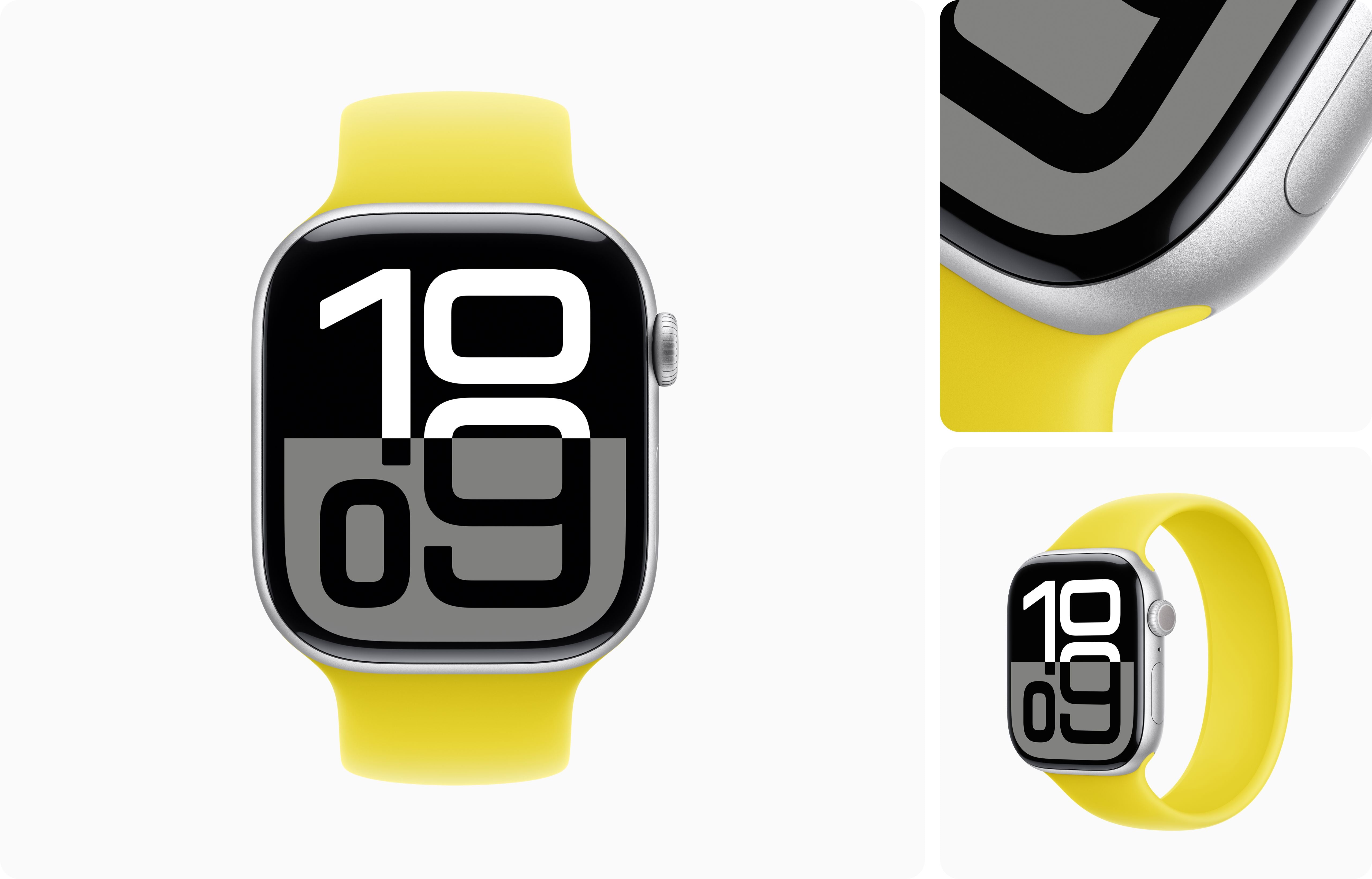 Apple Watch Series 10 with silver aluminum case, featuring Always-On Retina LTPO3 display and sleek design.