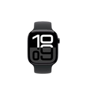 Apple Watch Series 10 with jet black aluminum case, 46mm display, showing the Always-On Retina screen and sleek design.
