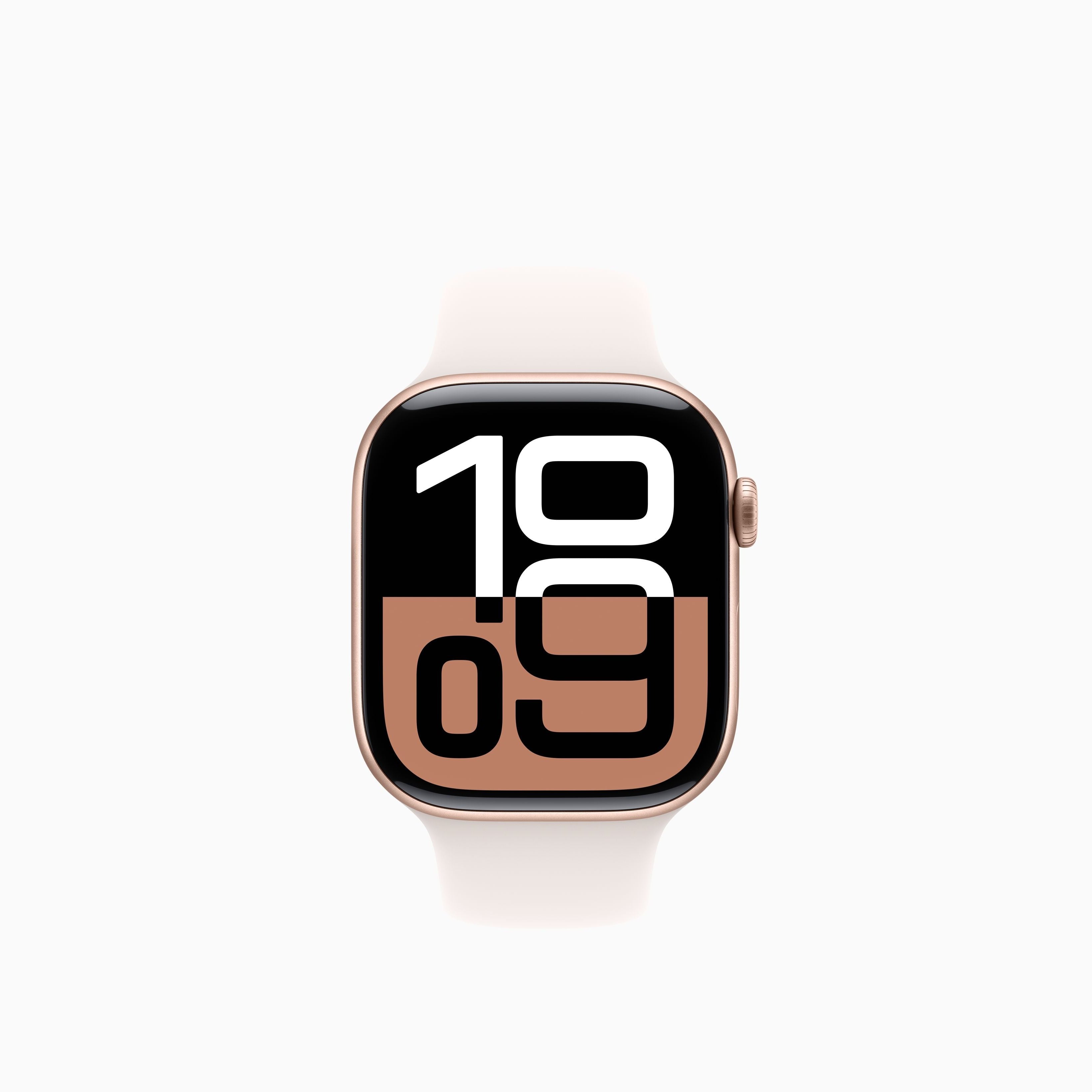 Apple Watch Series 10 with rose gold aluminum case and 46mm display, featuring Always-On Retina LTPO3 screen and S10 dual-core processor.