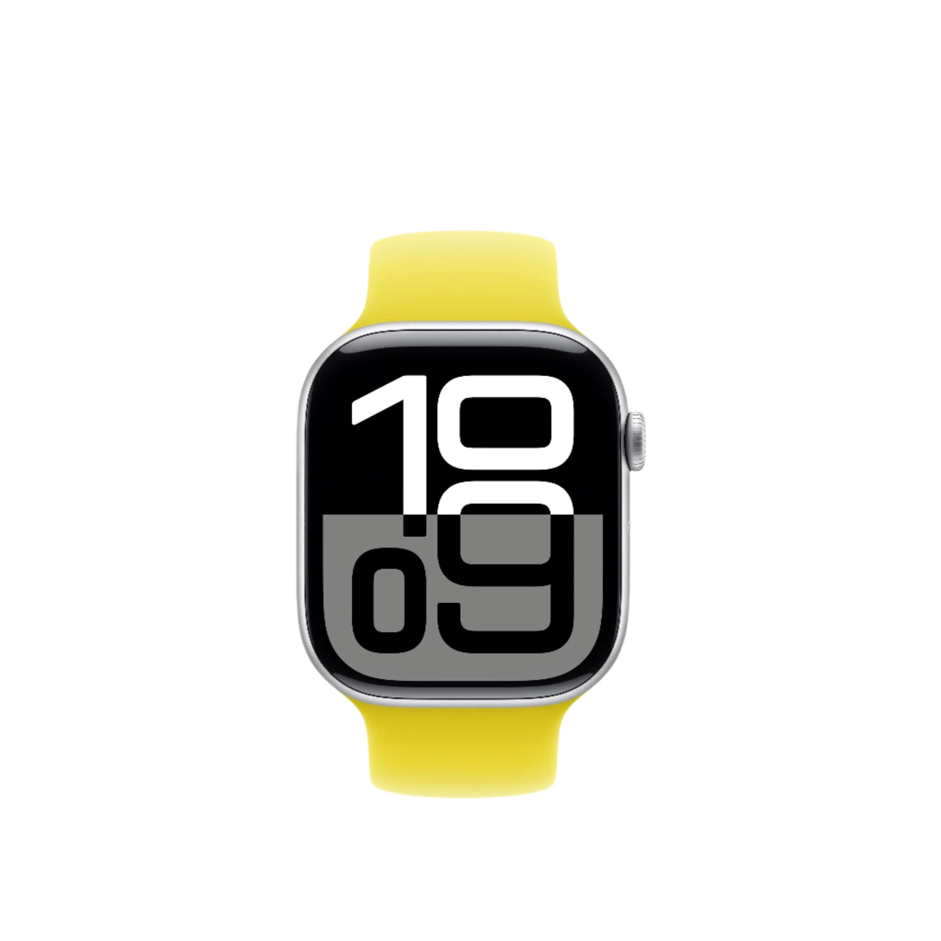Apple Watch Series 10 with silver aluminum case, 46mm display and S10 dual-core processor, showcasing the Always-On Retina LTPO3 screen.
