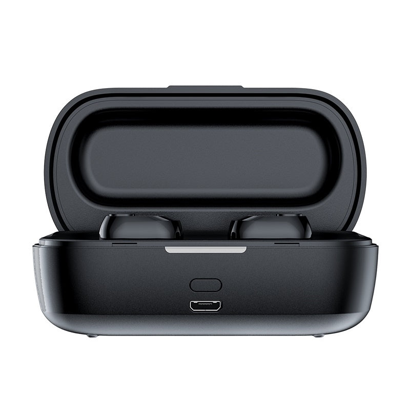 Baseus W01 TWS Bluetooth 5.0 earbuds with sweat resistance and 6-7 hours playtime, accompanied by a black 2000mAh charging case.