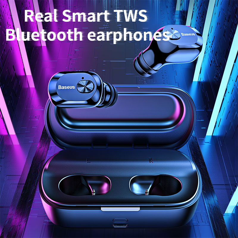White Baseus W01 TWS Bluetooth 5.0 earbuds with sweat resistance, 6-7 hours playtime, and 2000mAh external charging box