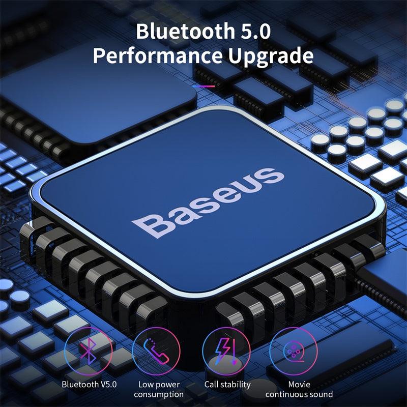 Baseus W01 TWS Bluetooth 5.0 earbuds with sweat resistance and 6-7 hours playback, along with a 2000mAh external charging box in black.