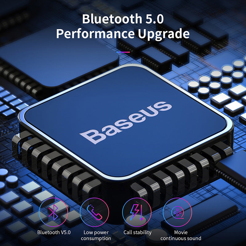 Baseus W01 TWS 3D stereo earbuds in white with IPX5 waterproof and Bluetooth v5.0, designed for 6-7 hours of use.
