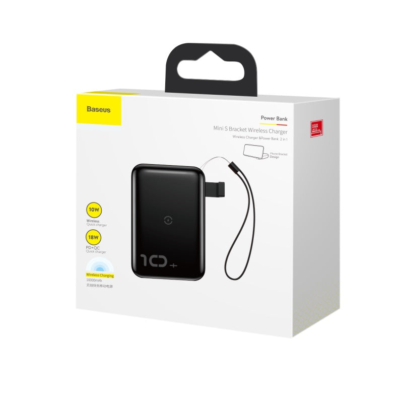 Mini S باور بنك 10000mAh و شاحن لاسلكى سريع 10w بمخرجين للشحن السريع ( QC3 + PD ) اسود
