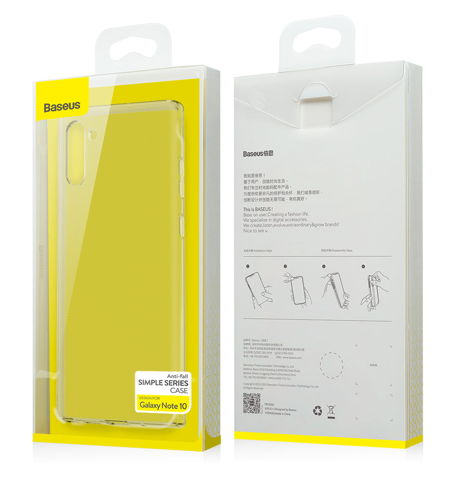 Transparent Baseus Simple Series TPU case for Galaxy Note 10+ with anti-fall protection, showcasing a sleek, clear design.