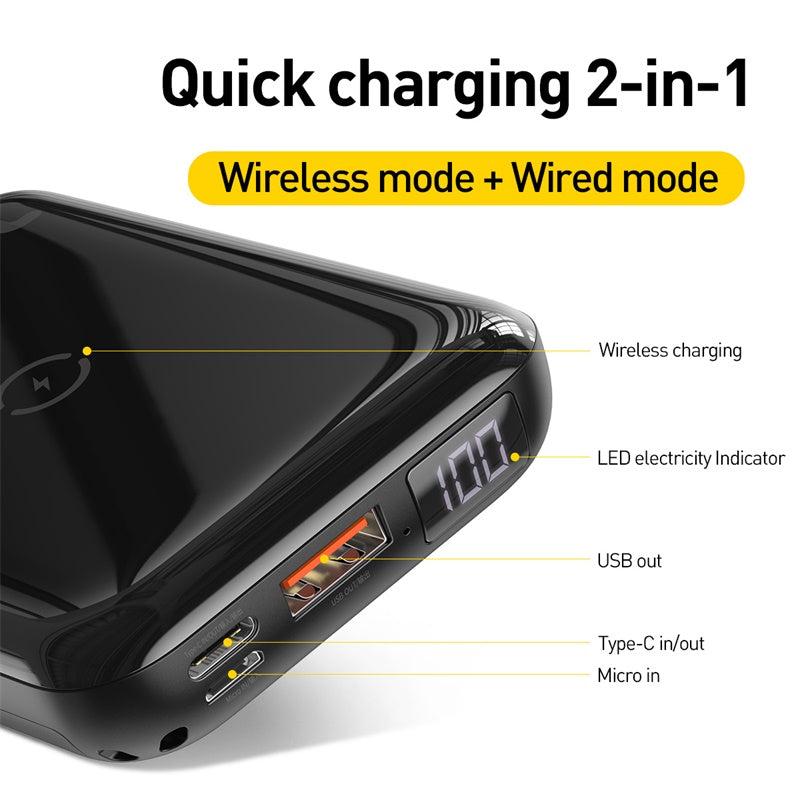 Mini S باور بنك 10000mAh و شاحن لاسلكى سريع 10w بمخرجين للشحن السريع ( QC3 + PD ) اسود