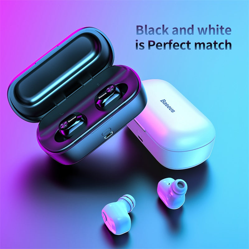 Baseus W01 TWS Bluetooth 5.0 earphones with sweat resistance and 6-7 hours playback, shown with 2000mAh external charging box in black