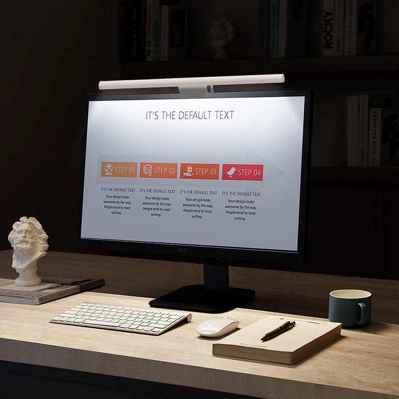 Baseus i-wok Series USB stepless dimming screen hanging light in white, mounted on a wall with adjustable brightness control.