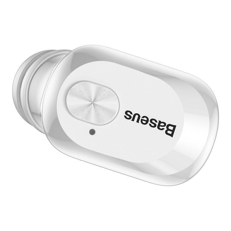 White Baseus W01 TWS earbuds with 3D stereo sound, IPX5 waterproof, Bluetooth 5.0, shown in the image.