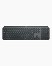 Logitech MX Keys Advanced Wireless Illuminated Keyboard in graphite with backlit keys and sleek design.