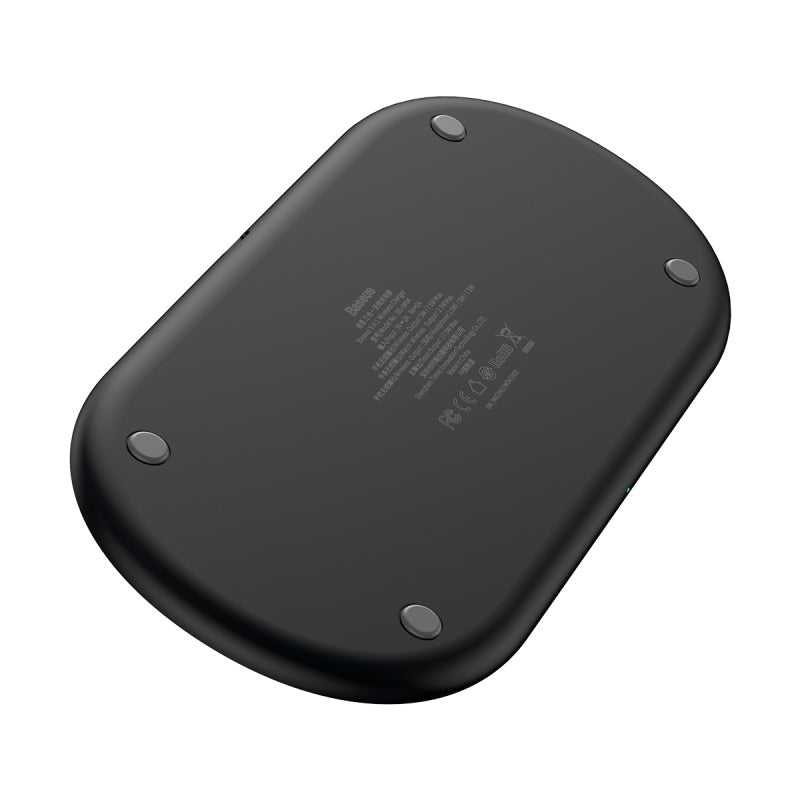 Black Baseus Smart 3-in-1 wireless charger for iPhone, Apple Watch, and AirPods, with multiple charging pads in a sleek design.