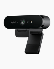 Logitech 4K Webcam BRIO Stream Edition in black with adjustable lens and built-in microphone for high-quality streaming.