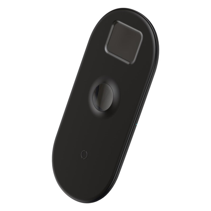 Smartkoshk Baseus Smart 3-in-1 wireless charger for iPhone, Apple Watch, and AirPods in black, showing the charging station and devices.