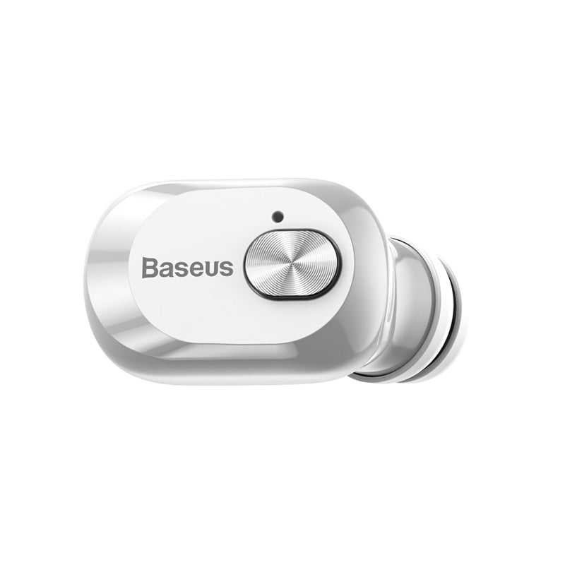 White Baseus W01 TWS Bluetooth 5.0 earbuds with sweat resistance, 6-7 hours playback, and a 2000mAh external charging box.