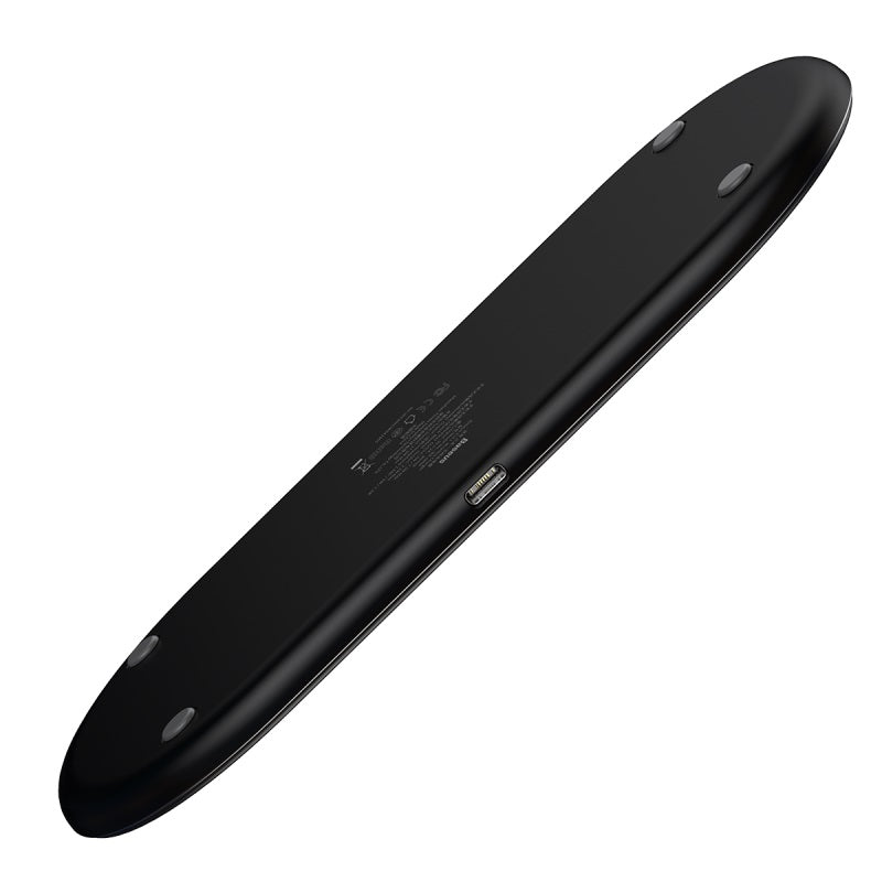 Black Baseus Smart 3-in-1 wireless charger for iPhone, Apple Watch, and AirPods with sleek design and multiple charging pads.