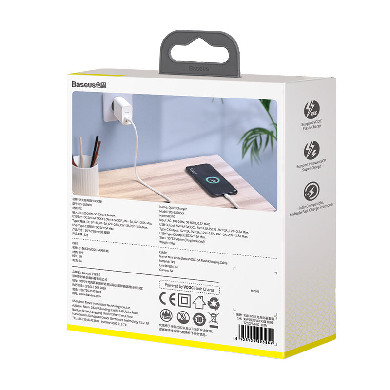 Baseus Speed PPS Quick Charger C+A 30W VOOC With Flash Cable - White