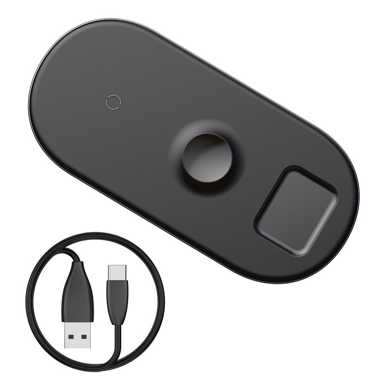Black Baseus Smart 3-in-1 wireless charger for iPhone, Apple Watch, and AirPods on a sleek surface.