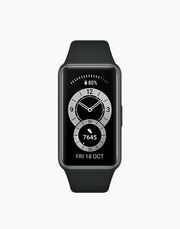 Huawei Band 6 fitness tracker with 1.47-inch AMOLED screen, black color, showing SpO2 oxygen measurement feature.