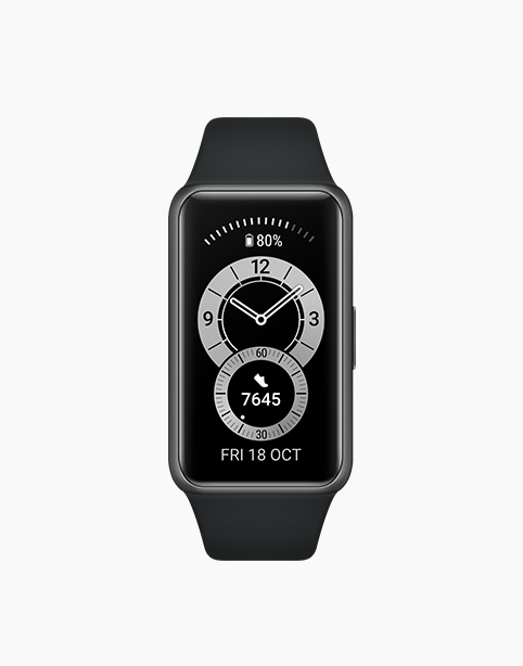 Huawei Band 6 fitness tracker with 1.47-inch AMOLED screen, black color, showing SpO2 oxygen measurement feature.