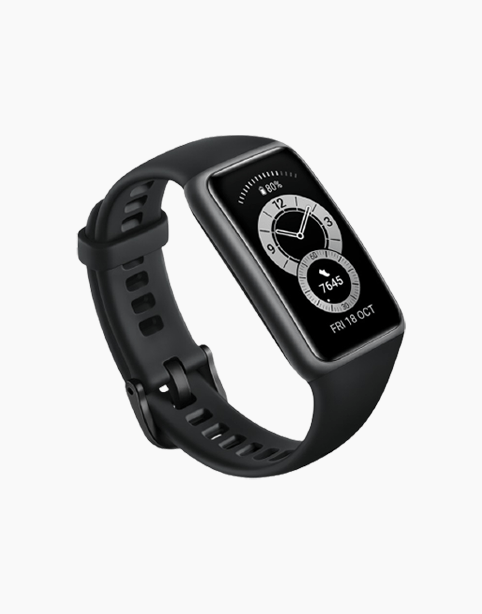 Huawei Band 6 fitness tracker with 1.47-inch AMOLED screen, black color, featuring SpO2 oxygen measurement.
